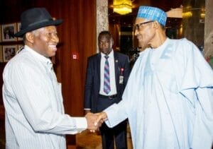 Ex President Goodluck Jonathan and President Muhammadu Buhari e1632558821700